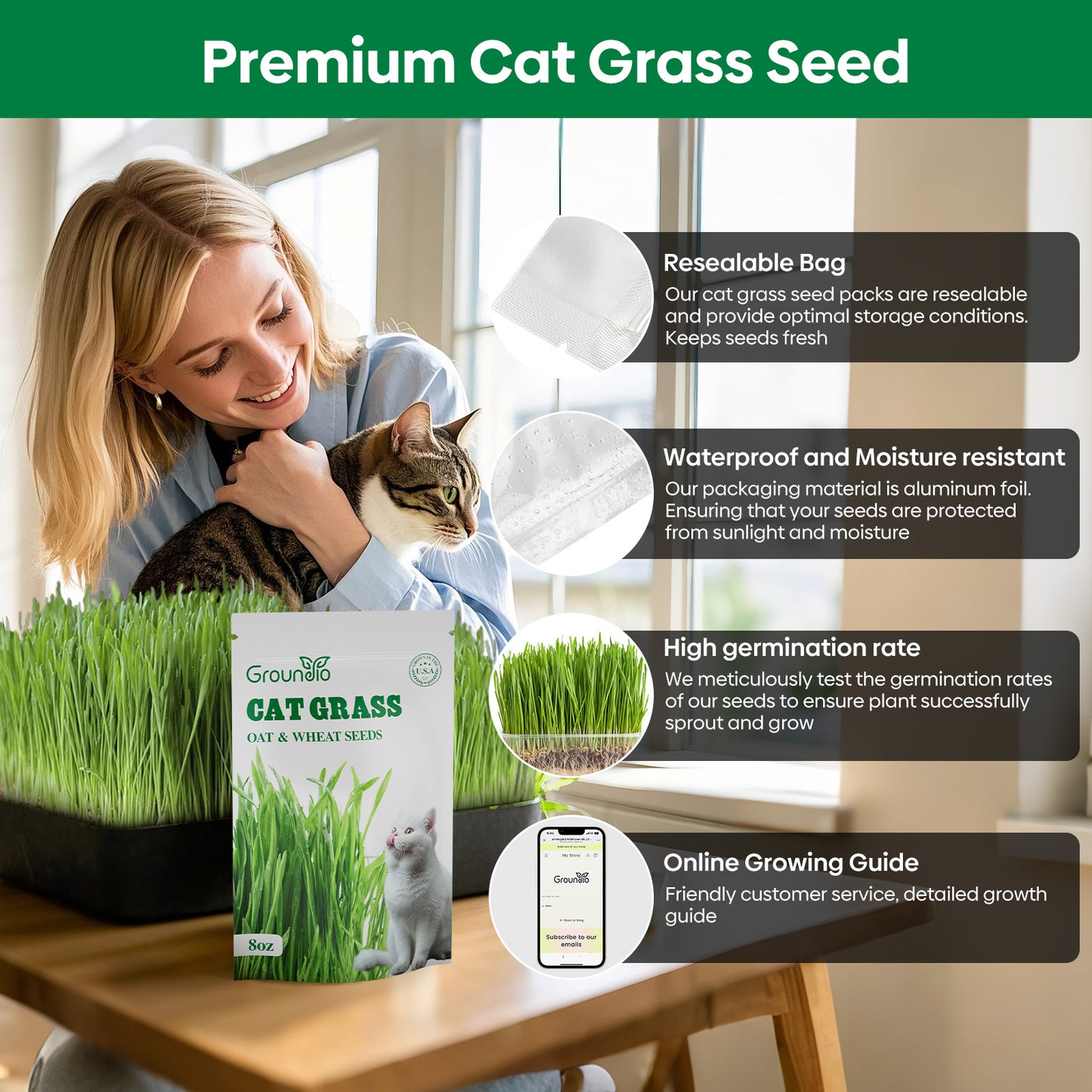 Cat Grass Seeds 8oz, Wheat & Oat Mix